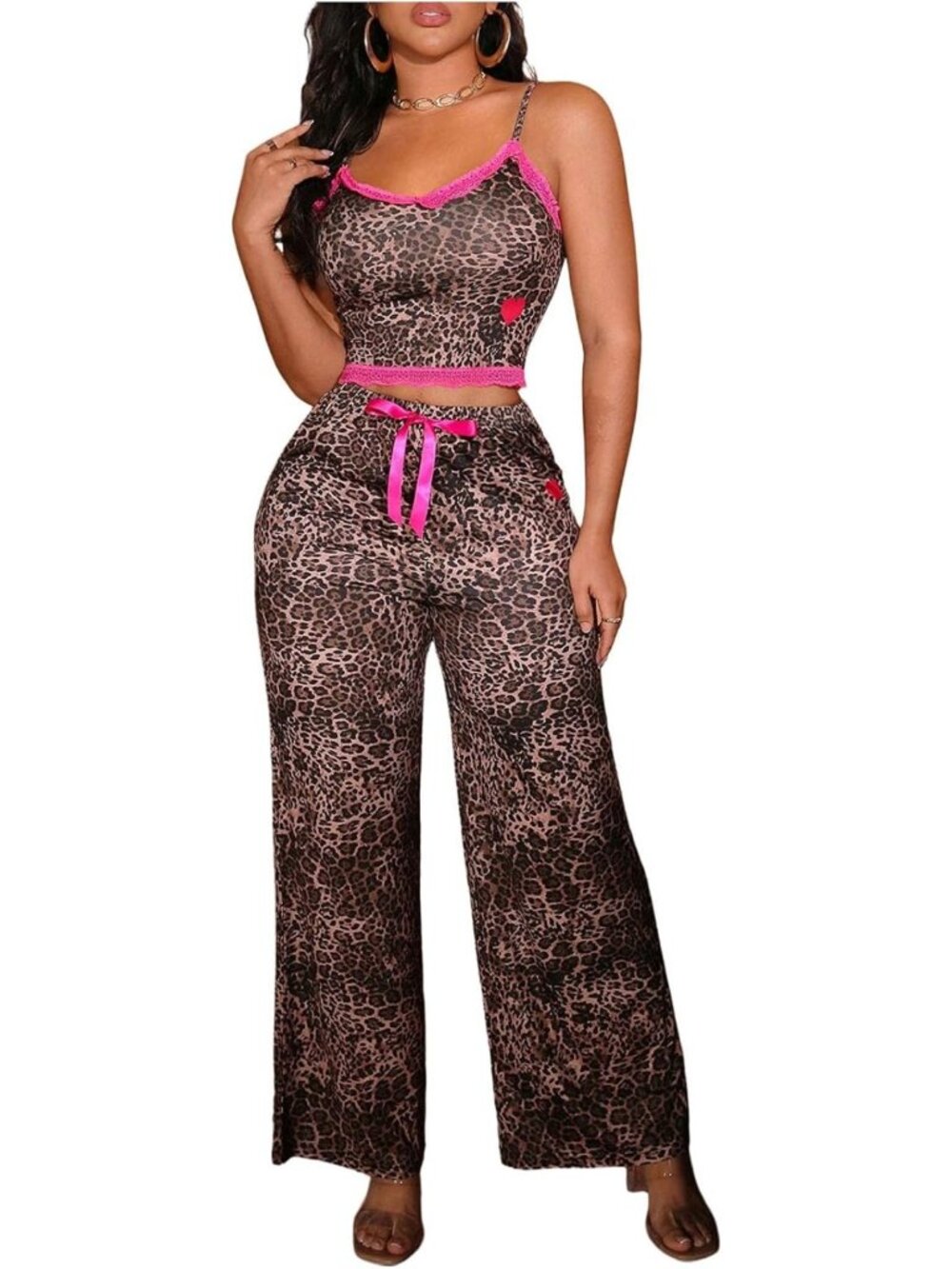 Leopard Lace Pajama Set - Cheetah Print Camisole & Wide Leg Pants Sleepwear